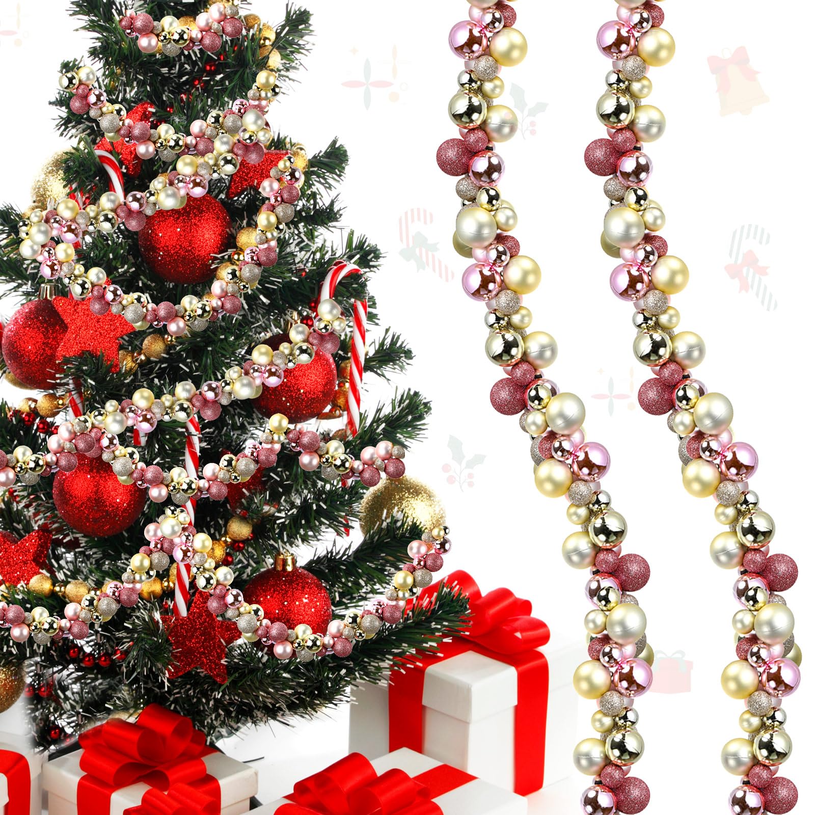 Photo 1 of Hiboom 2 Pcs 6 Feet Christmas Ball Garland Ornaments Indoor Outdoor Garland Xmas Decorative Hanging Ornaments for Christmas Tree Party Holiday Decors(Rose Gold?Champagne Gold)