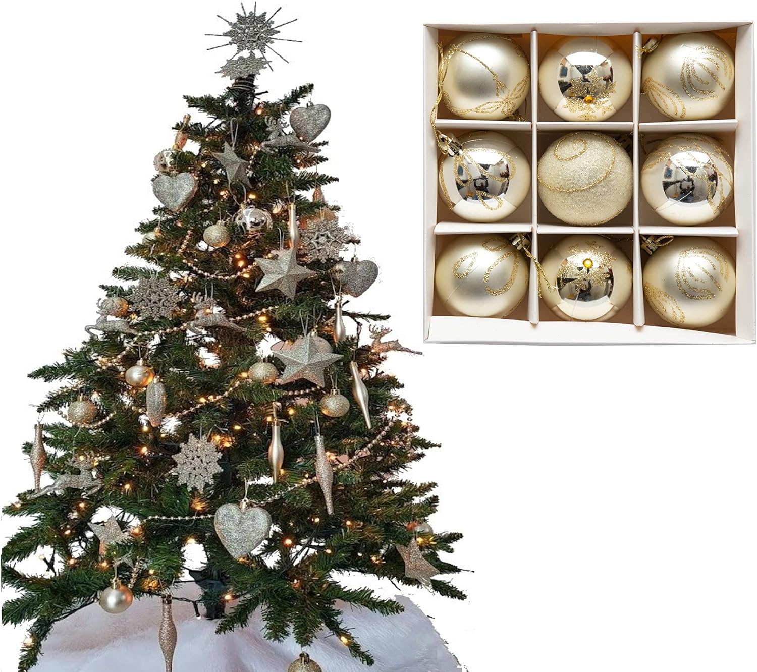 UKDD® Set of 9 Premium Baubles Luxury Christmas Tree Bauble Decorations Matte, Glitter, shiny Baubles (Champagne Gold)