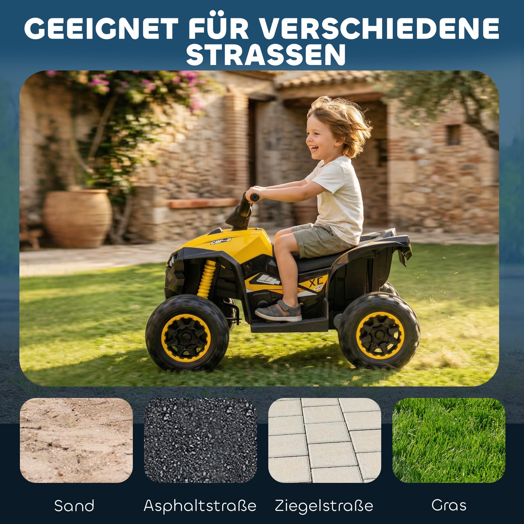 HOMCOM Kinder Quad Elektro 12V Kinderquad mit 35W Motor, Vorwärts-, Rückwärtsfunktion, Musik, USB-Anschluss, Hupe, LED-Scheinwerfer 3-6km/h Elektro-Quad für Kinder 3-5 Jahre Gelb 4