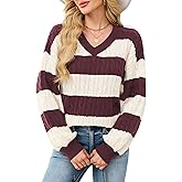 ZAFUL Womens Long Sleeve V Neck Sweater 2025 Cute Soft Striped Jumper Ribbed Knit Pullover Casual Clothes Winter Tops