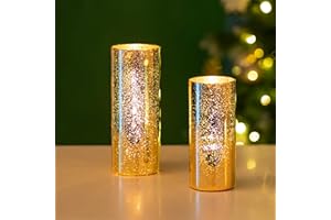 Glasseam Gold Hurricane Candle Holder Set of 2, Mercury Glass Candle Holder, Cylinder Candle Holders for Pillar Candles, Floating Candle Vases for Centerpieces Wedding Table Christmas Party 7.8''+10''