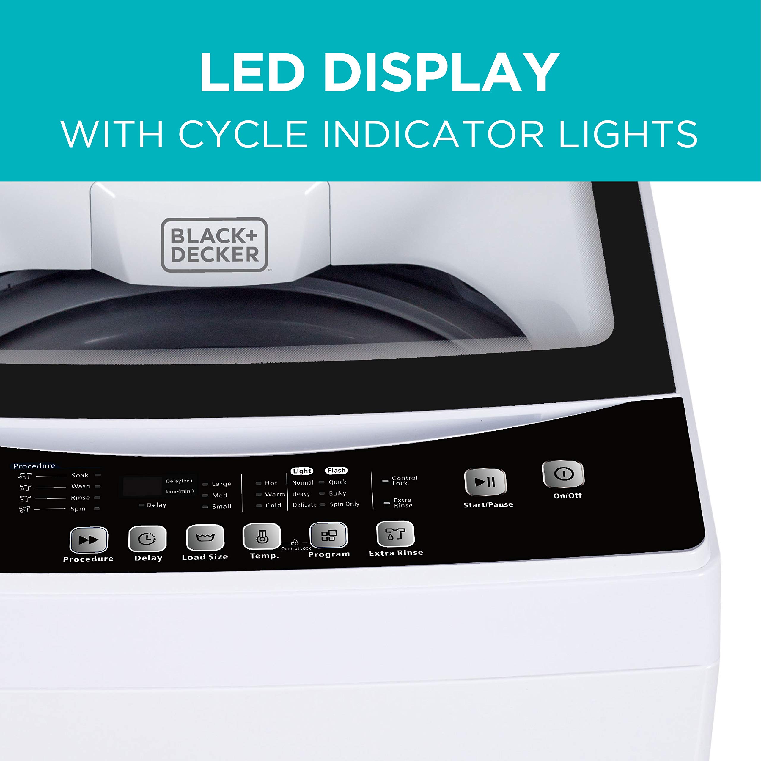 BLACK+DECKER Small Portable Washer, Washing Machine for Household Use, Portable Washer 1.7 cu.Ft with 8 Cycles, Transparent Lid & LED Display