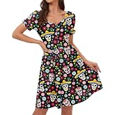 Mexican Style Dress for Women Short Sleeve Cute Print Elastic Waistband Spanish Cinco De Mayo Outfits Black Mexican S