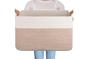 OIAHOMY Extra Large Blanket Basket, 95L Woven Storage Basket, Cotton Rope Toy Bin for Baby Room, Container for Storage in Living Room, 24''×17''×14'', Brown & White
