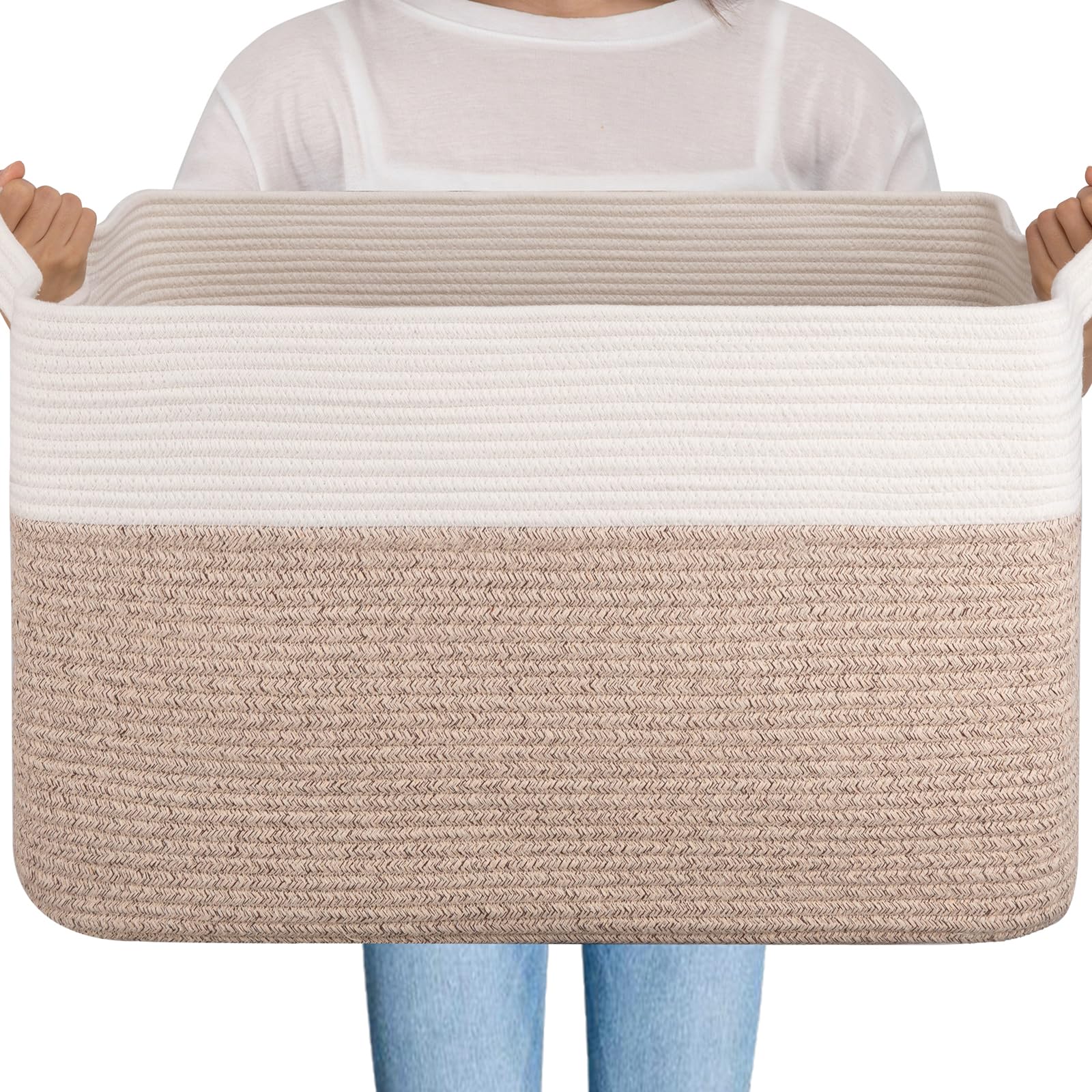 Photo 1 of OIAHOMY 95L Blanket Basket, 24”x17”x14”, Large Woven Basket for Storage, Nursery Cotton Rope Basket with Handle, Living Room, Nursery, Bedroom,Toy Storage Organizer Bins, Brown and White