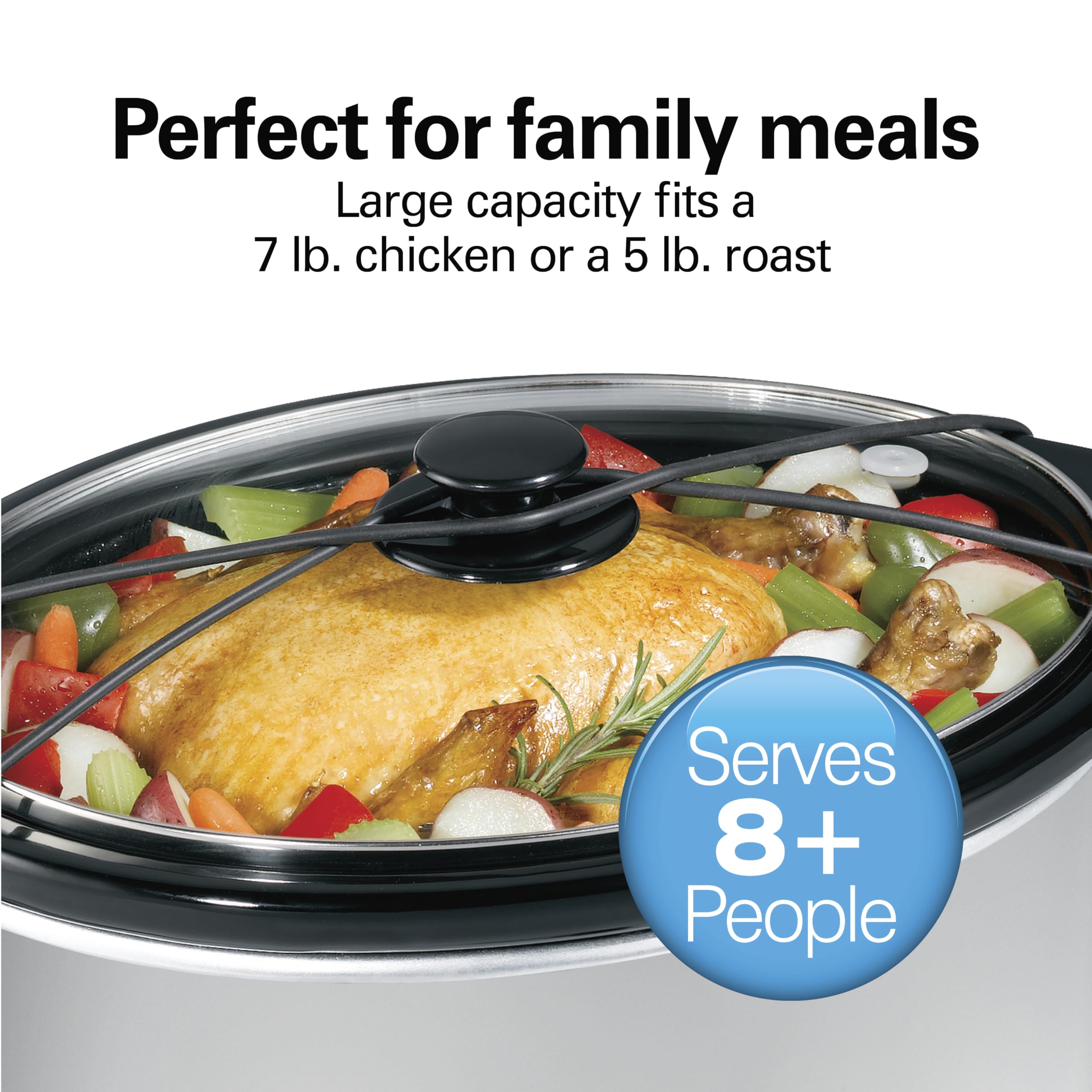 Hamilton Beach 7-Quart Portable Slow Cooker Serves 8+, Dishwasher Safe Crock, Lid Latch Strap for Travel, Brushed Silver