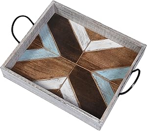 Handmade Rustic Wooden Serving Tray - Farmhouse Vintage Home Décor - Ottoman Tray - Large Rectangle 13.8 x 11.8 x 2.2 inches with Unique 100% Mango X Textural Design and Sturdy Handles