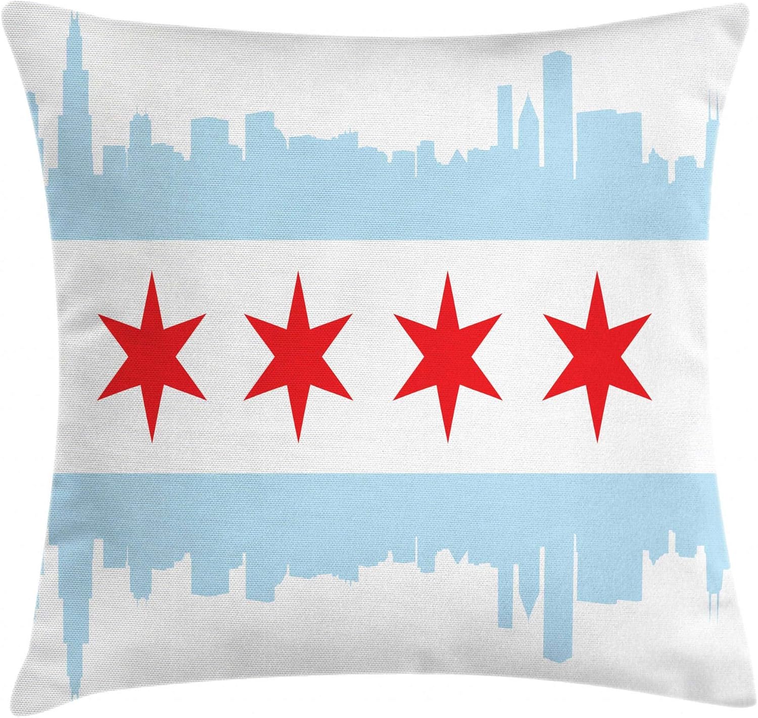 Ambesonne Chicago Skyline Throw Pillow Cushion Cover, City of Chicago Flag with High Rise Buildings Scenery National, Decorative Square Accent Pillow Case, 18" X 18", Red White