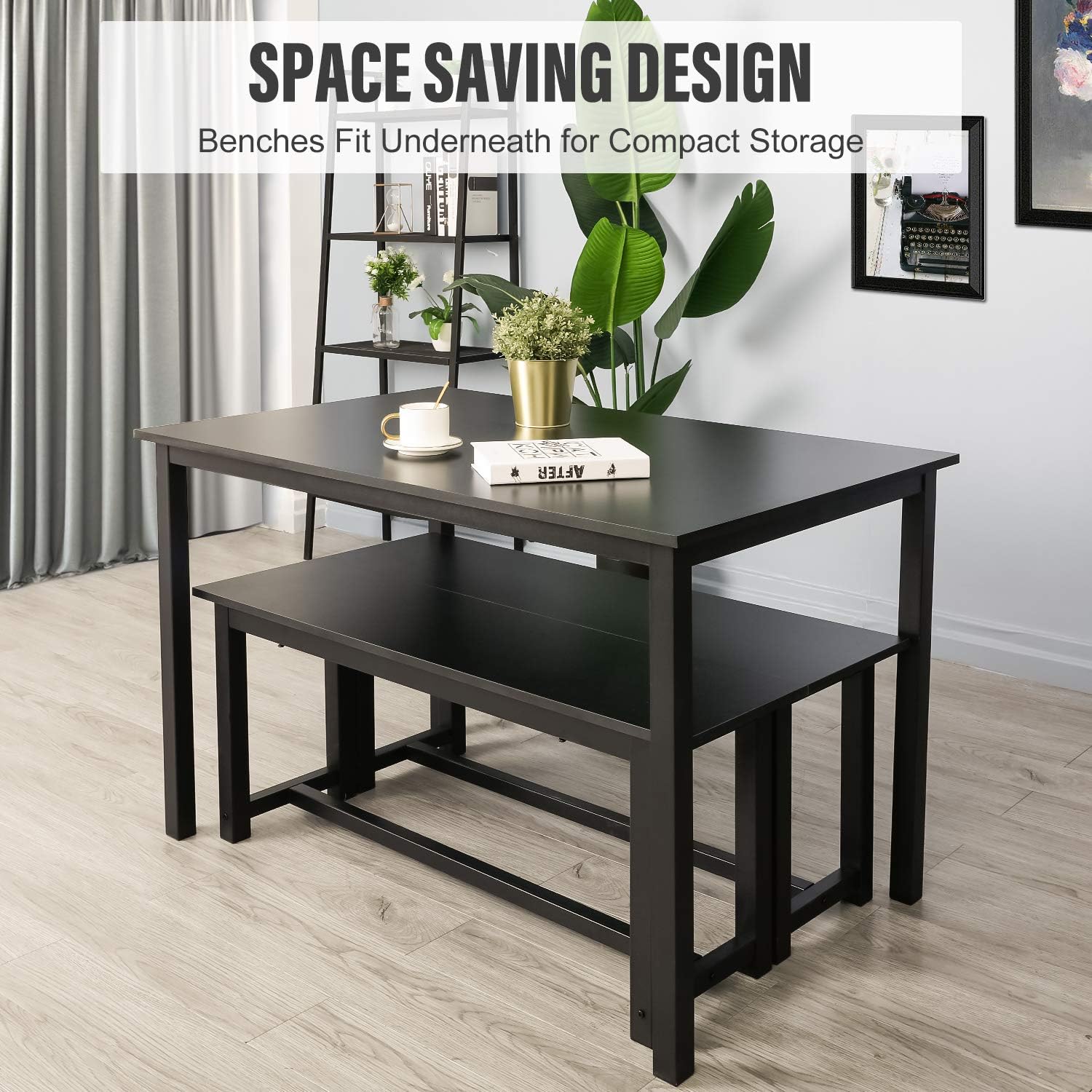 BAHOM 3 Pieces Kitchen Dining Table with Bench Set for 2 Solid Wooden Tabletop and Steel Support Structure for Home, Kitchen, Dining Room (Black, 3pc) - Table & Chair Sets
