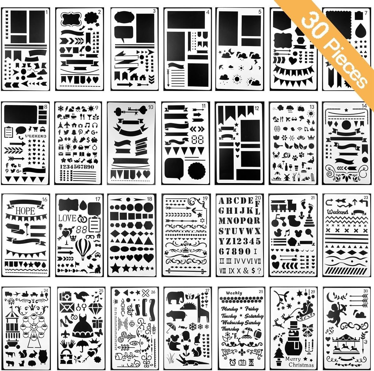 Stencils Template for DIY Scrapbooking Bullet Journaling Stencil Letters Notebook Diary Scrapbook Drawing Stamp Album Decor Embossing Paper Card School Stationery Supplies Hollow Out 30pcs 4x7inch