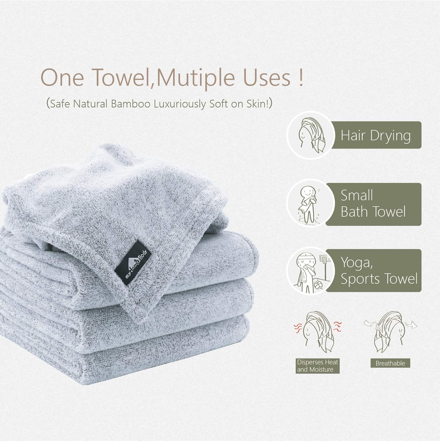 Premium Bamboo Towel | Multi-Use Gym Towel, Camping Towel, Hair Drying, Travel Towel, Yoga Hand Towel | Ultra-Soft, Lightweight, Odor-Eating Bamboo Charcoal, Sustainable Microfiber Towel Alternative : Beauty