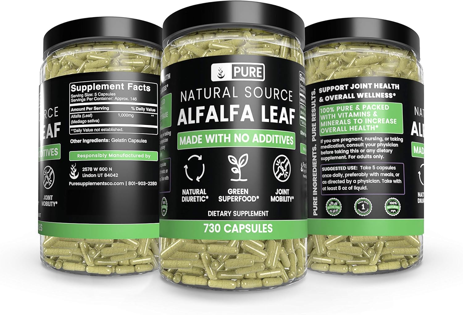 Natural Alfalfa Leaf, 730 Capsules, 3-Month Supply, No Stearates or Rice Filler, Made in USA, Pure and Gluten-Free, 1000 mg of Potent & Undiluted Alfalfa Leaf per Serving with No Additives: Health & Personal Care