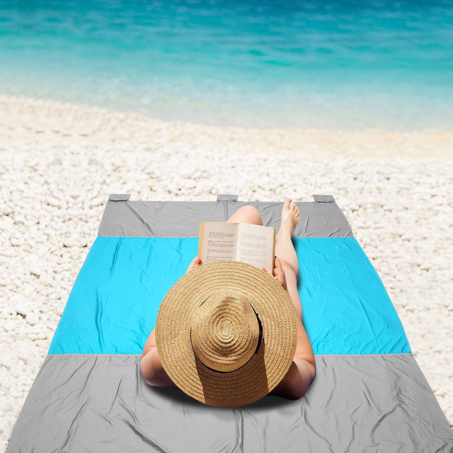 YUEBO Beach Blanket Picnic Blanket Oversized 7\' X 9\' Outdoor Nylon Beach Mat Portable Sand-proof Sand Mat with Six Anchor Pockets (dark blue, 7\' X 9\')