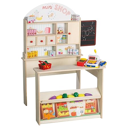roba 480021ZU Kaufladen 'Minishop', Kinder Kaufmannsladen inkl. über 100 Teile Kaufladenzubehör und elektronischer Kasse, Holz natur, Verkaufsstand mit Theke, Tafel, Schiebetür & Marktstand Bedruckung