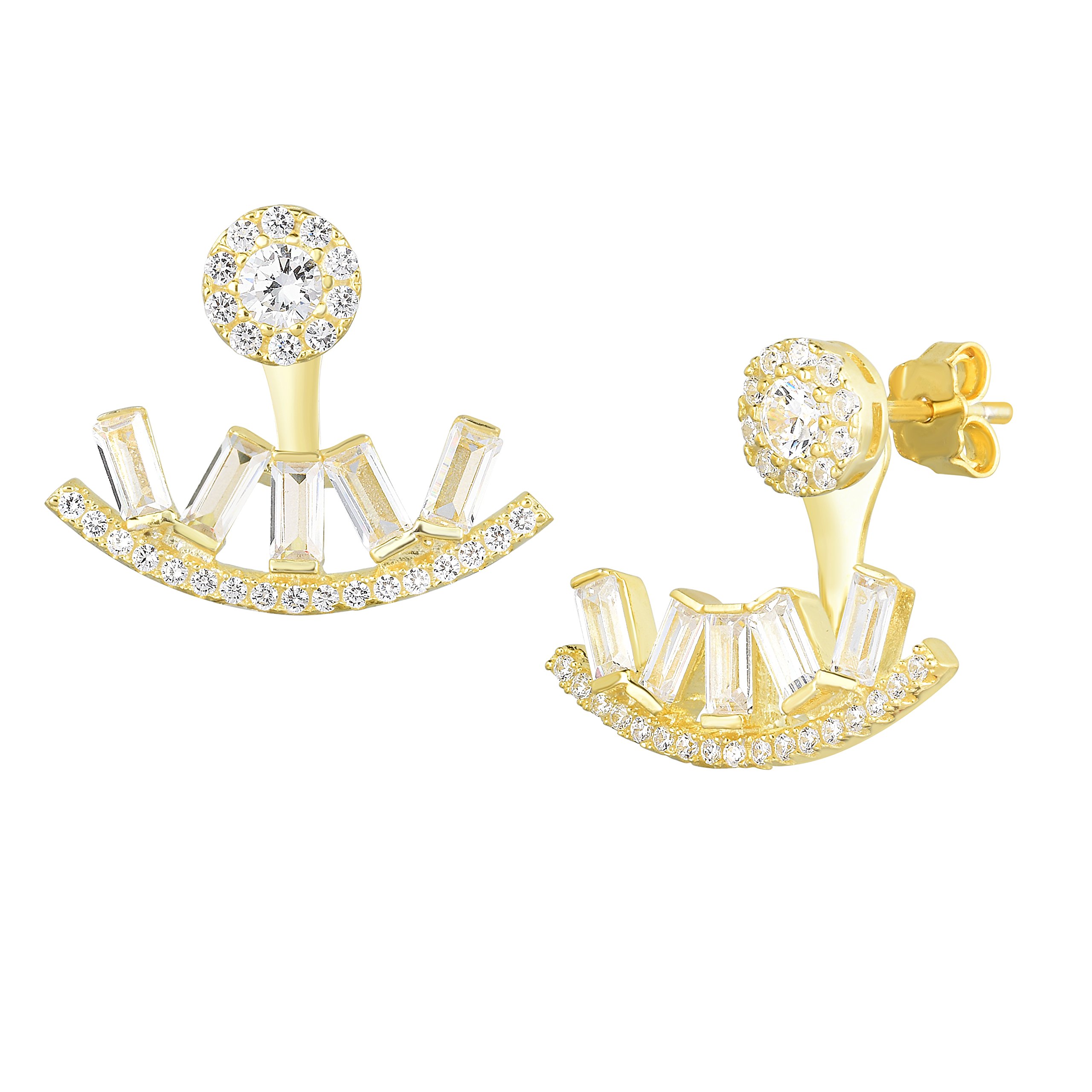 Spoil Cupid Yellow Gold-Plated Sterling Silver Cubic Zirconia Halo with Baguette Front Back Stud Earrings