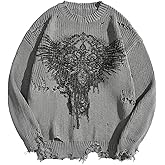 BEAUDRM Men's Graphic Grunge Sweater Long Sleeve Crew Neck Knitted Distressed Pullover Top Punk Ripped Goth Sweater