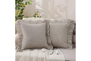 YHJWW Green Gingham Throw Pillow Covers 100% Washed Cotton Like Linen Feel Soft Comfy Ruffle Farmhouse Decorative Pillow Cases Sham Set of 2 for Couch Sofa Bed (20x20 Inches, Zipper Closure)