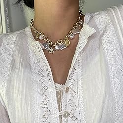 Gold Charm Necklace for Women White Pearl Choker