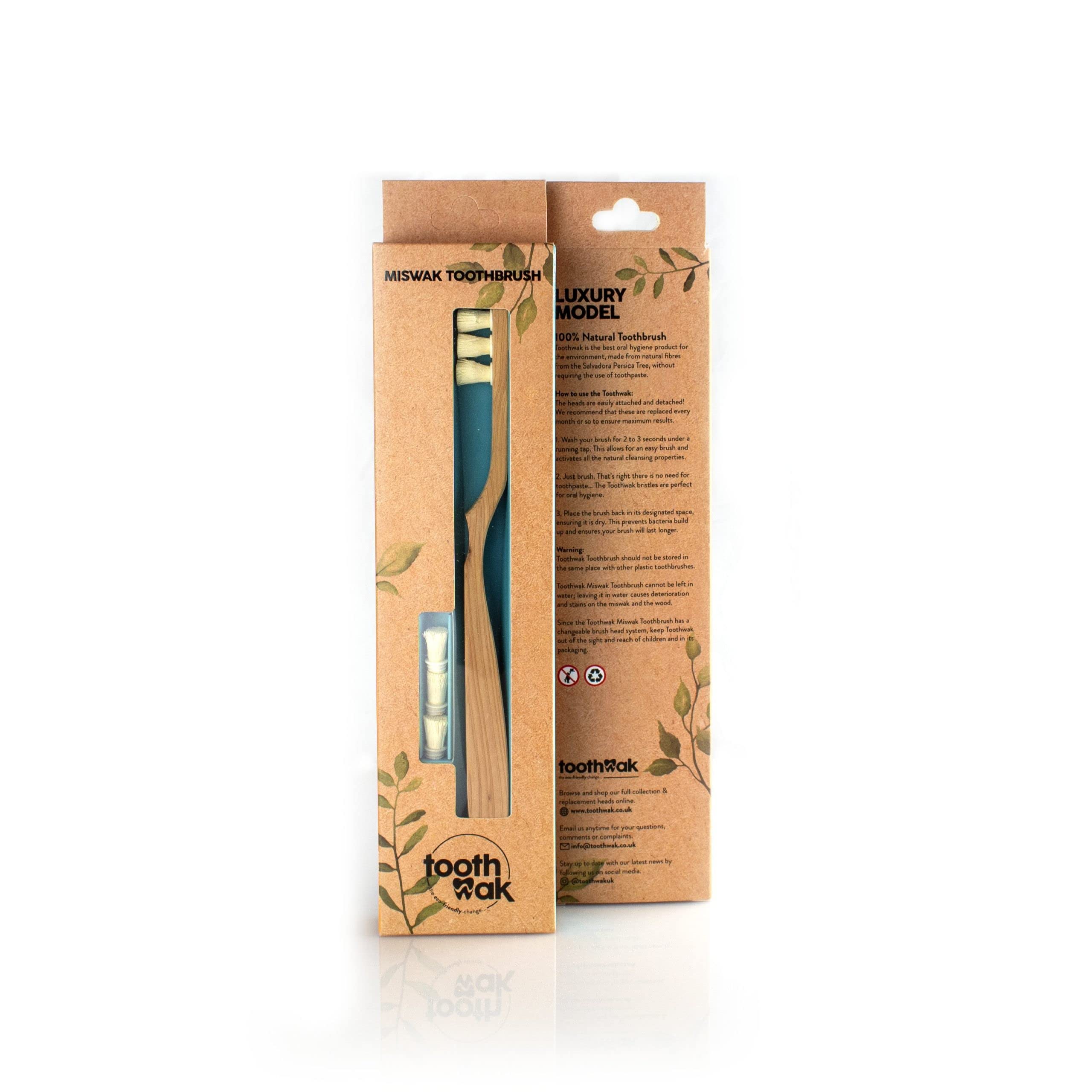 TOOTHWAK Luxury Edition Miswak Natural 3 Head Bristles Wooden Toothbrush with 6 Replaceable Siwak Bristles and Mineral Coating for Natural White Teeth - Hard