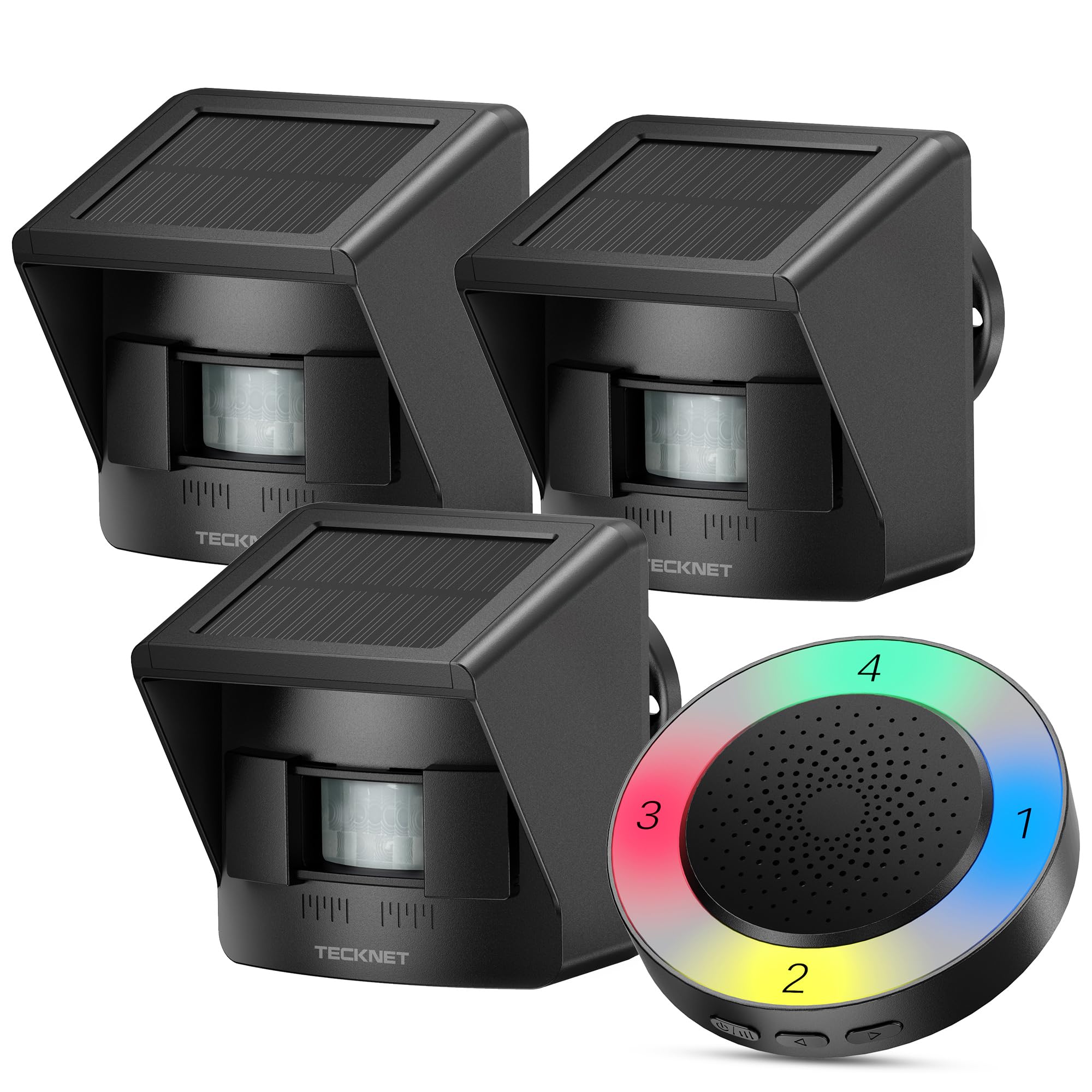 TECKNET Solar Wireless Driveway Alarm with 2600FT Long Range & 36 Melodies & 5 Volumes and Supports 4 Zones Weatherproof Motion Sensor Alarm to Protect Inside/Outside Property (1 Receiver 3 Sensor) Image