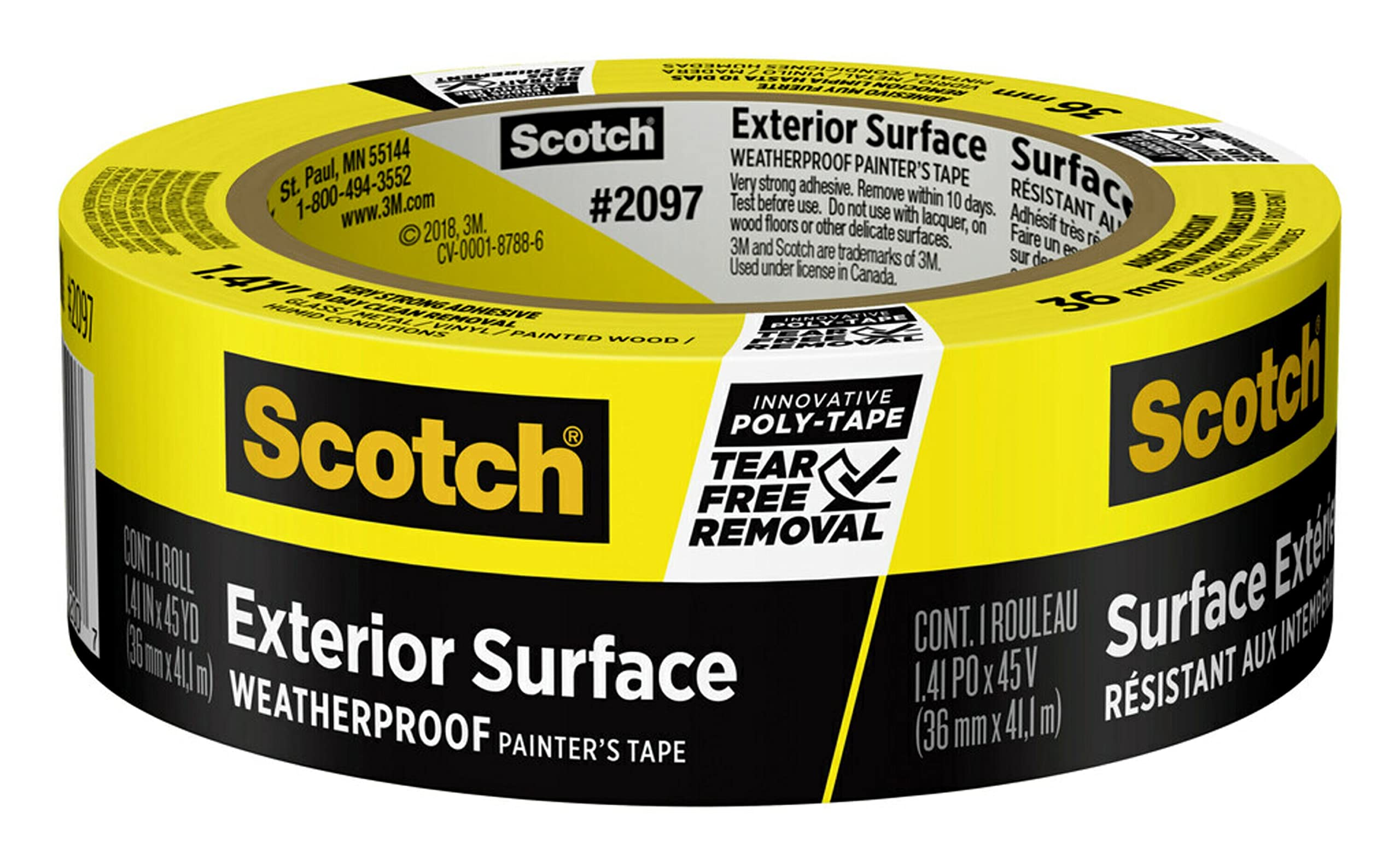 Scotch Exterior Painter's Tape, 1.41 in x 45 yd, Waterproof Masking Tape For Exterior Surfaces, Can Handle Wind, Rain, Humidity & Direct Sunlight, Bonds Aggressively, 1 Roll (2097-36EC-XS)