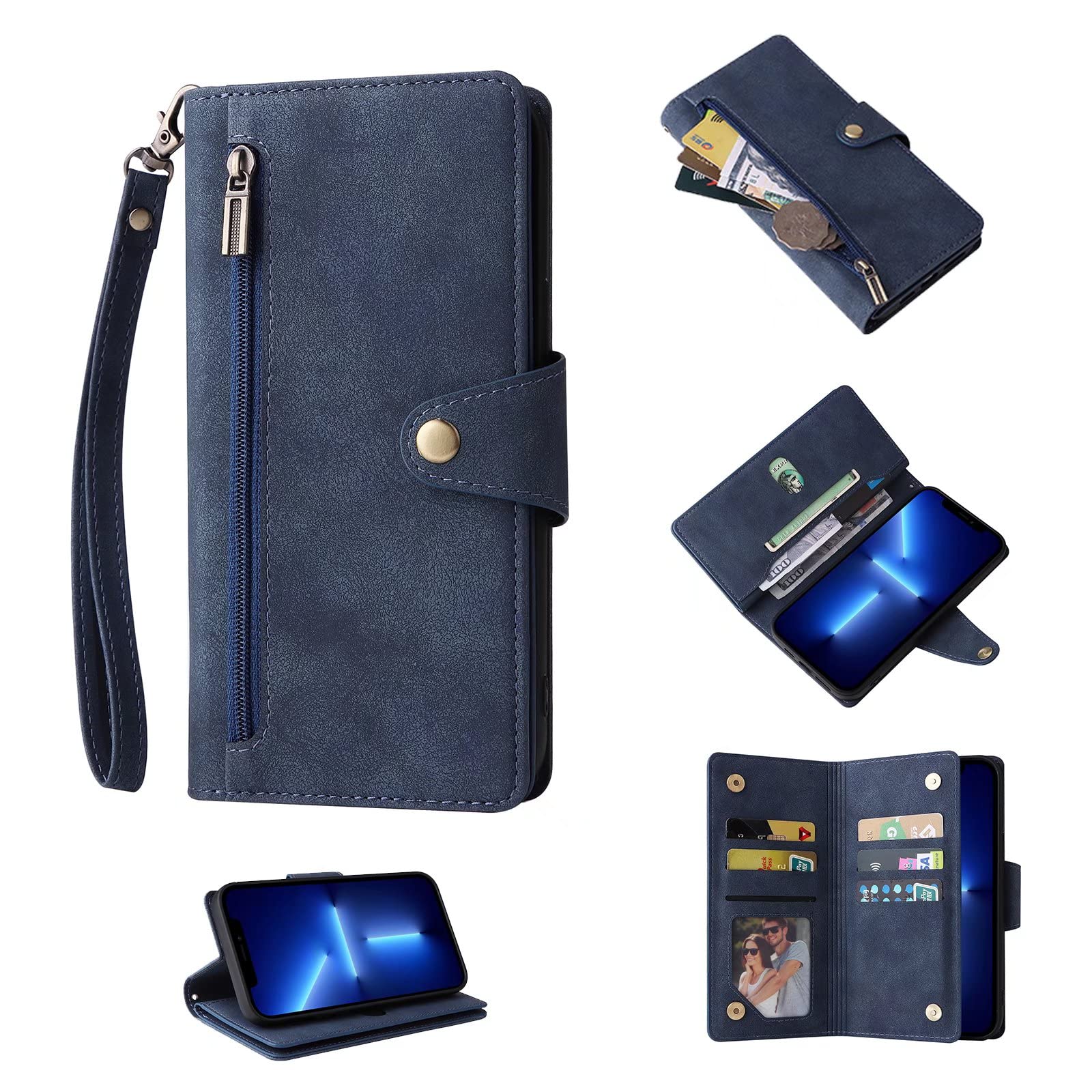 ESONG Wallet Case for Xiaomi 11T/11T Pro, Premium PU Leather Zipper Pocket Magnetic Flip Stand Case Cover with Wrist Strap - blue