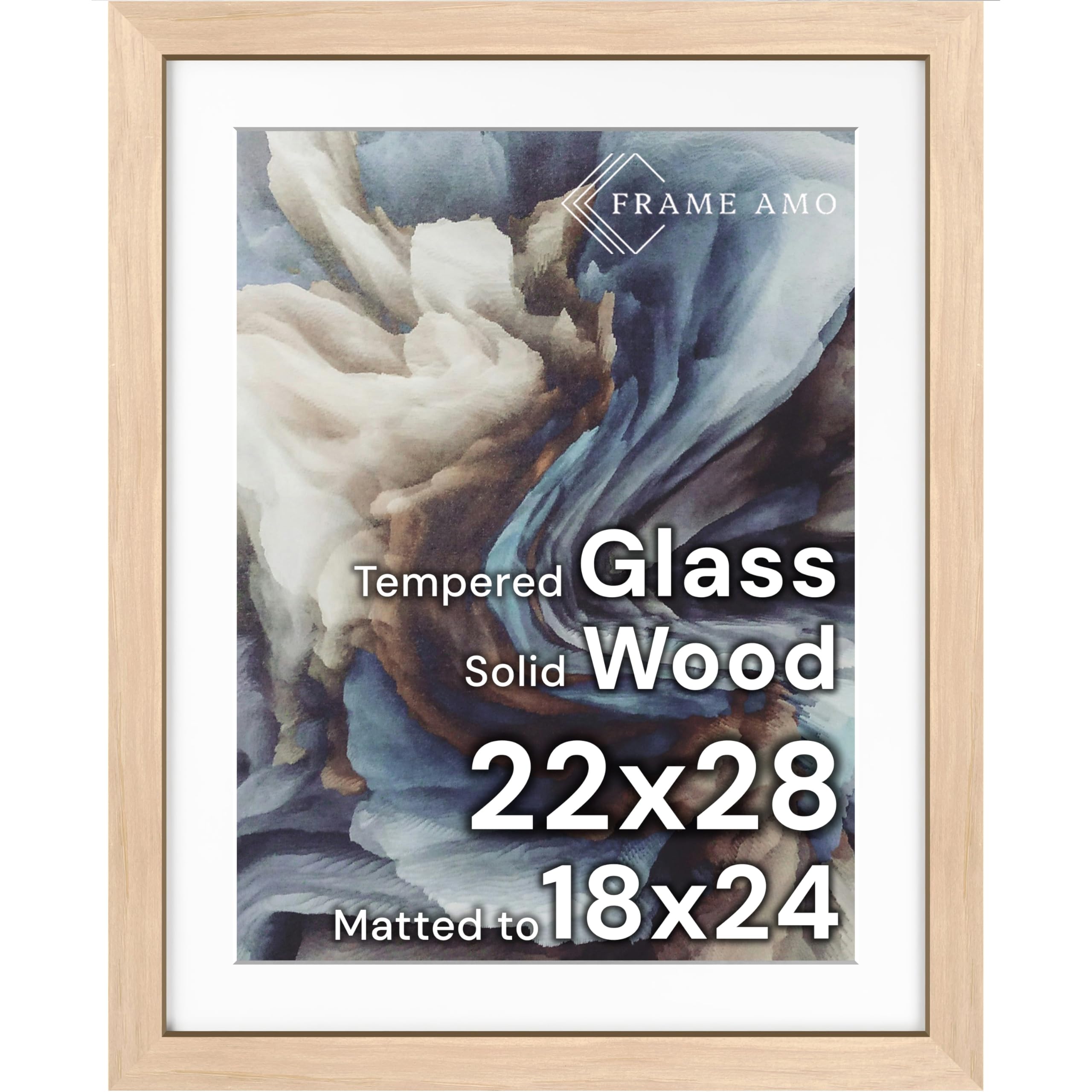 Frame Amo 22x28 Solid Wood Poster Frame Natural, White Mat for 18x24 Image, Tempered Glass Front, 1.5 inch Wide, 1 inch Thick, High-End, Substantial, Gallery Grade & Acid-Free Image