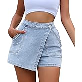 Women High Waisted Wrap Denim Shorts Casual Y2k Denim Cargo Jeasn Skort Cross Over Waist Asymmetrical Mini Shorts