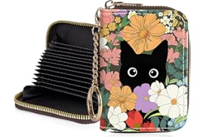 Luoycxy Credit Card Holder for Women,Small Rfid Wallet with Keychain Zipper,Cute PU Leather Card Case Wallet，Accordion Credit Card Wallets Gift,Colorful Flowers and Cats