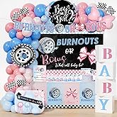 Fiesec Burnouts or Bows Gender Reveal Decorations, 151 Pcs Boy or Girl Gender Reveal Party Supplies with What Will Baby Be Backdrop, Pink Blue Balloon Garland, Boxes