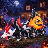 DearSun 9FT Halloween Inflatable Carriage, Grim Reaper & Skeleton Dragon | 9 ft blow up pumpkin carriage, skeleton dragon pulling the Grim Reaper, LED lights, 6 stakes, 2 tethers, storage bag