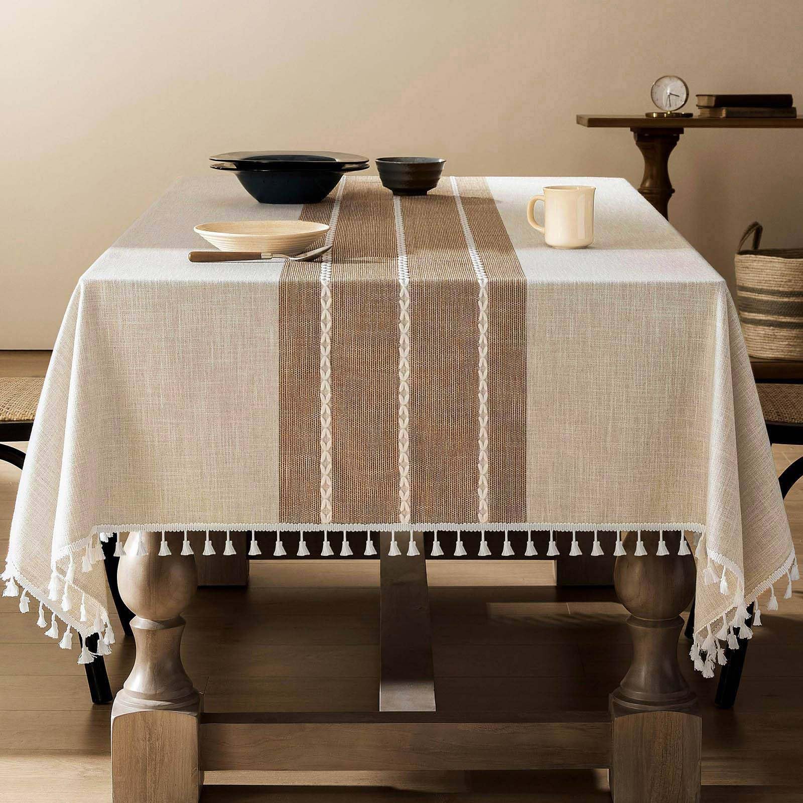 Photo 1 of ZeeMart Contrast Linen Table Cloth Rectangle Table Cloths 60x104 Inch Brown, Farmhouse Style Heavy Weight Beige Tablecloth, Water Resistant Burlap Tablecloths