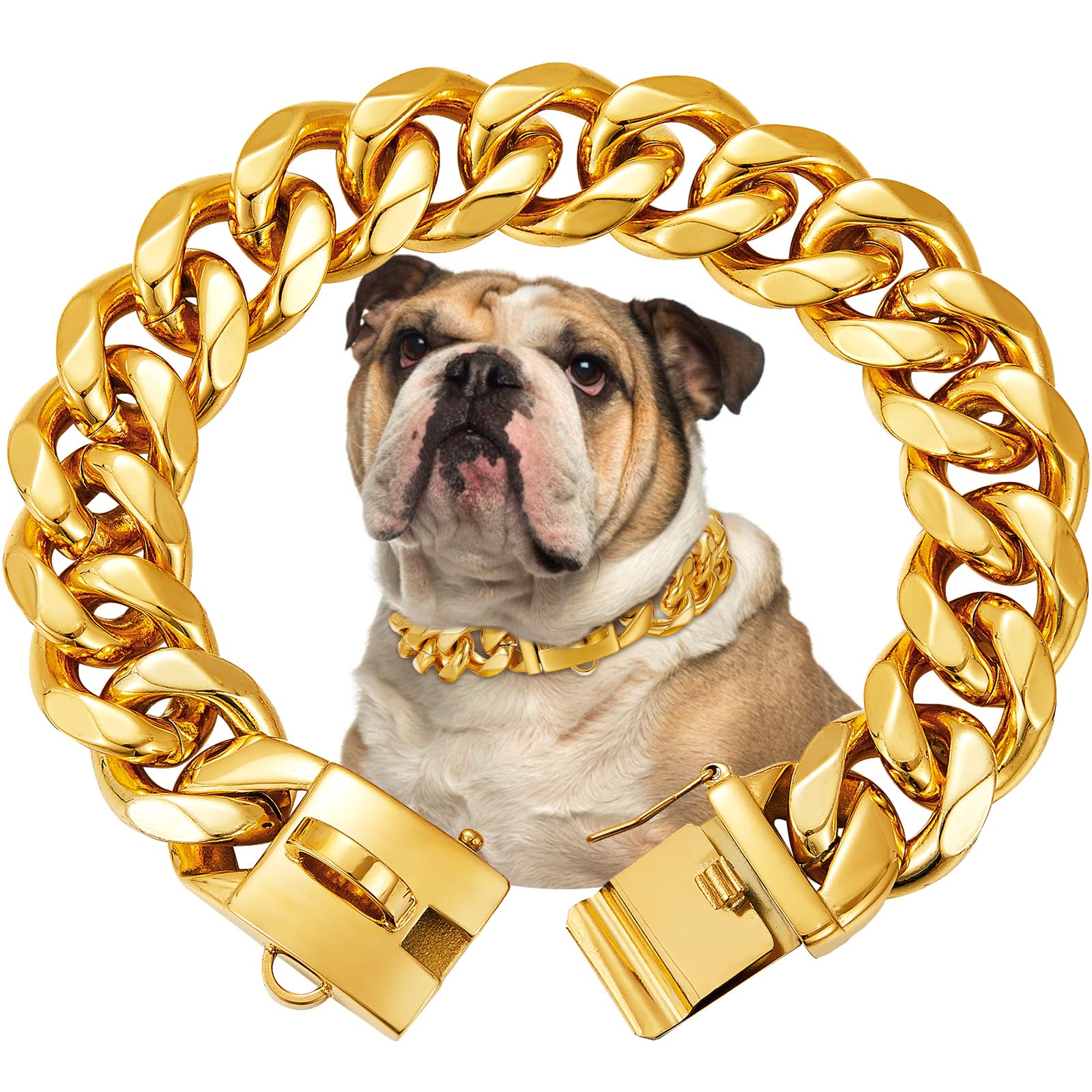 19mm Wide Gold Dog Chain Collar with Buckle,18K Gold Plated,Heavy Duty Strong Stainless Steel Metal Pet Solid Cuban Links Collars for Dogs(65cm)