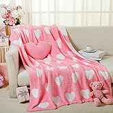 FuWeave Heart Pillow Blanket and Pillow Set Include 50 x 60 Inch Double Sided Pink Flannel Blanket and Heart Shaped Plush Throw Pillows for Home Living Room Bed Couch Sofa Decor Lover Gifts