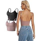 Women Crop Built-in Bra Ribbed Spaghetti Strap Padded Camisole Tank Top | 2 Pack, Removable Pads, Adjustable U Backless, Stretchy Ribbed, Scoop Neck, Yoga, Workout, Gym, Running, Longline Sports Bras