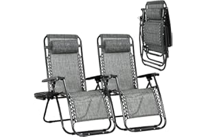 DKELINCS Zero Gravity Chairs Set of 2 Adjustable Folding Reclining Lounge Chairs Outdoor Beach Chair with Pillow and Cup Holder, Patio Lawn Chair Pool Chairs for Outdoor Pool Side Camping Yard Beach (2, Grey)