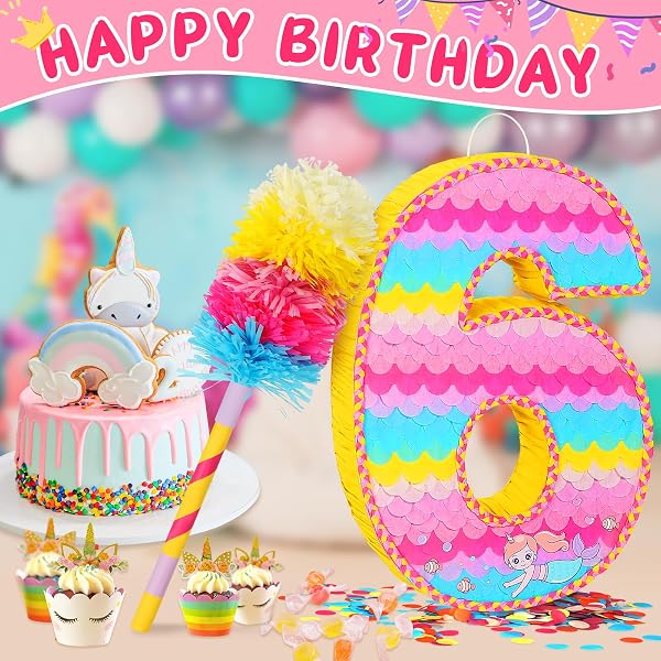 NUMBER 5 PINATA FOR BIRTHDAY PARTY DECORATIONS, UNICORN MERMAID THEME PINK PIÑATA GAMES TOY (5TH)