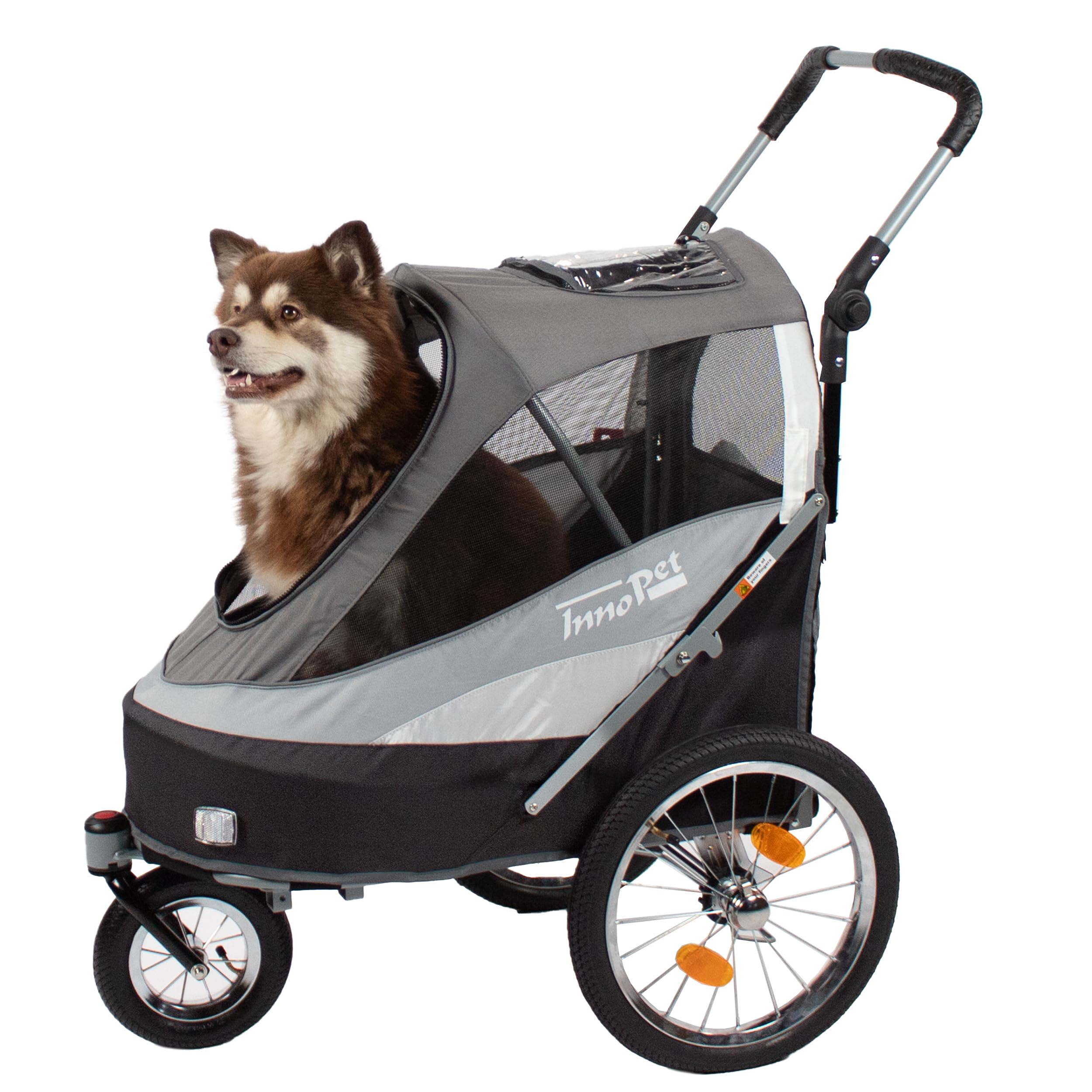 InnoPet Sporty Dog Trailer Deluxe - Black/Silver 2-in-1 Dog Stroller & Bike Trailer with Rain Cover, for Pets up to 30kg, Safety Reflectors, Flag, and Storage Pocket - Bicycle Tow Bar and Connector