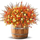 TURNMEON 12 Bundles Artificial Fall Flowers for Outdoors Fall Thanksgiving Decorations,UV Resistant Fake Mums Faux Fall Plants Plastic Orange Boston Fern Eucalyptus Home Gardens Porch Autumn Decor