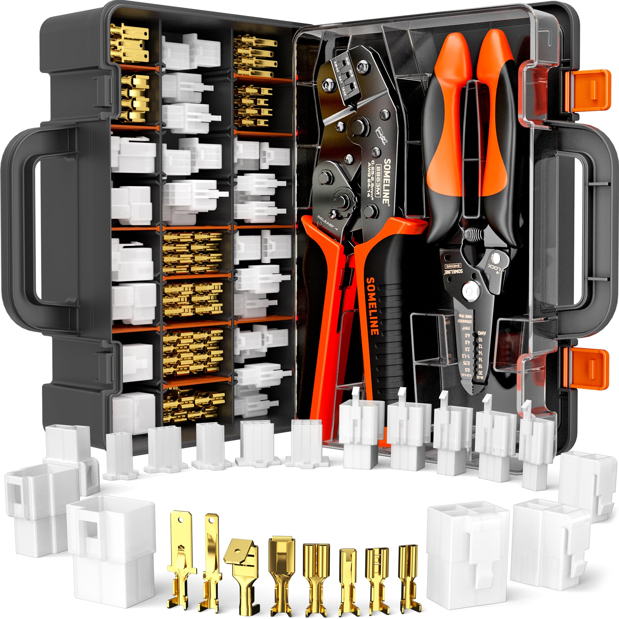Photo 1 of SOMELINE® Automotive Wire Connectors Crimp Tool Kit, Crimper for 24-14 AWG Non-Insulated Quick Disconnect Terminals, with 2-9 Pin 2.8mm/6.3mm Plugs & Sockets, Includes Wire Stripper