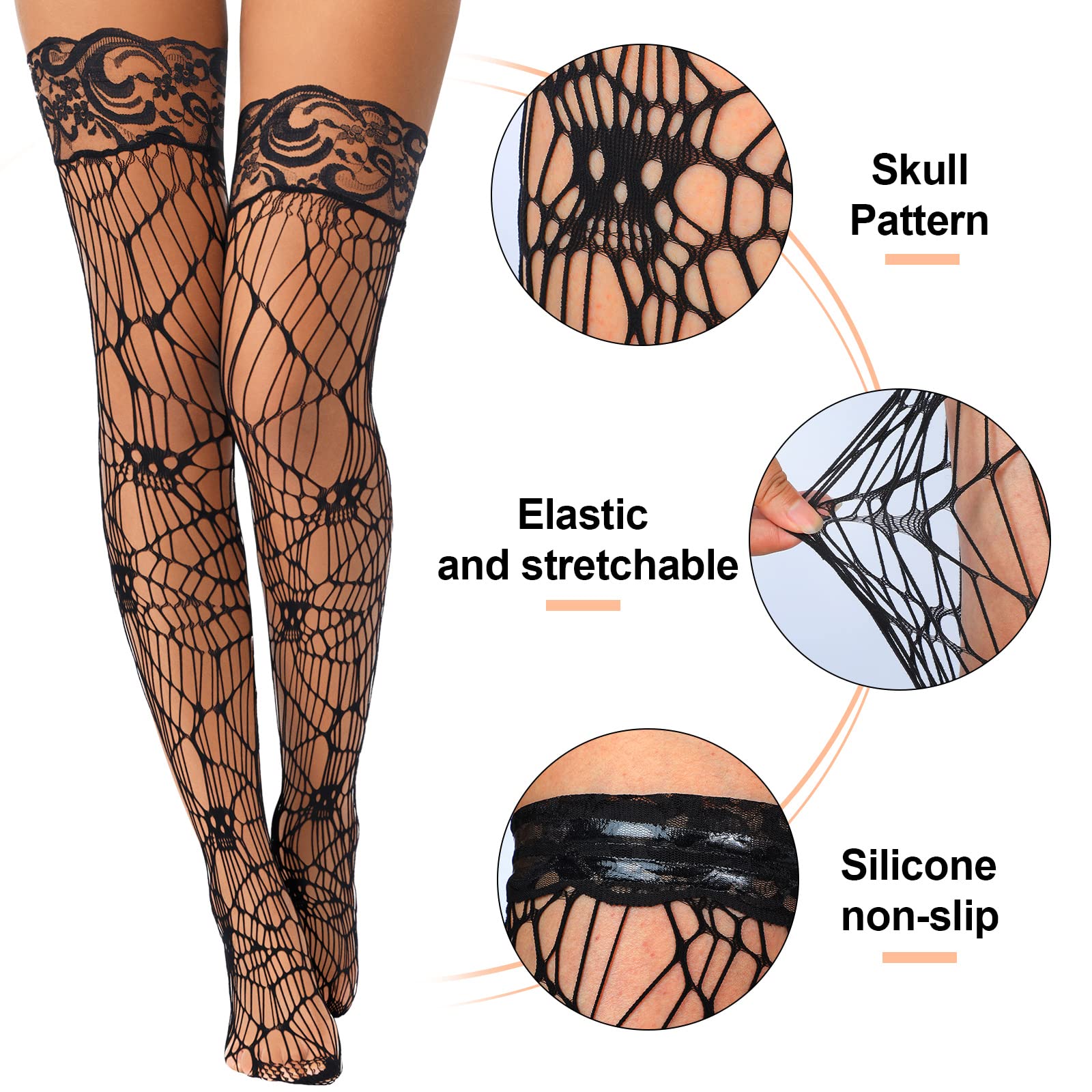 Eurzom 4 Pairs Gothic Stockings for Women Spider Web Tights Skull Lace Thigh Stocking Floral High Fishnet Tight for Women Black Mesh Leg Cosplay Costume Socks