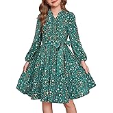 GRACE KARIN Girls Long Sleeve Fall Dress Floral Pleated Casual Holiday Party Teen Flower Dresses Size 6-14Y
