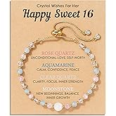 HGDEER Natural Crystal Bracelet 13th 16th Birthday Gifts for Girls - Rose Quartz Moonstone Aquamarine Healing Stones Jewelry with Meaning Card for Daughter Granddaughter