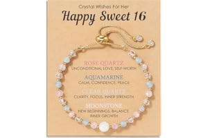 HGDEER Natural Crystal Bracelet 13th 16th Birthday Gifts for Girls - Rose Quartz Moonstone Aquamarine Healing Stones Jewelry with Meaning Card for Daughter Granddaughter