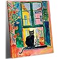 Henri Matisse Black Cat Canvas Wall Art Framed, Matisse Open Window Print Cute Cat Poster Gallery Aesthetic Room Decor for Bedroom Bathroom, Kawaii Preppy Room Decor for Teen Girls 12x16inch