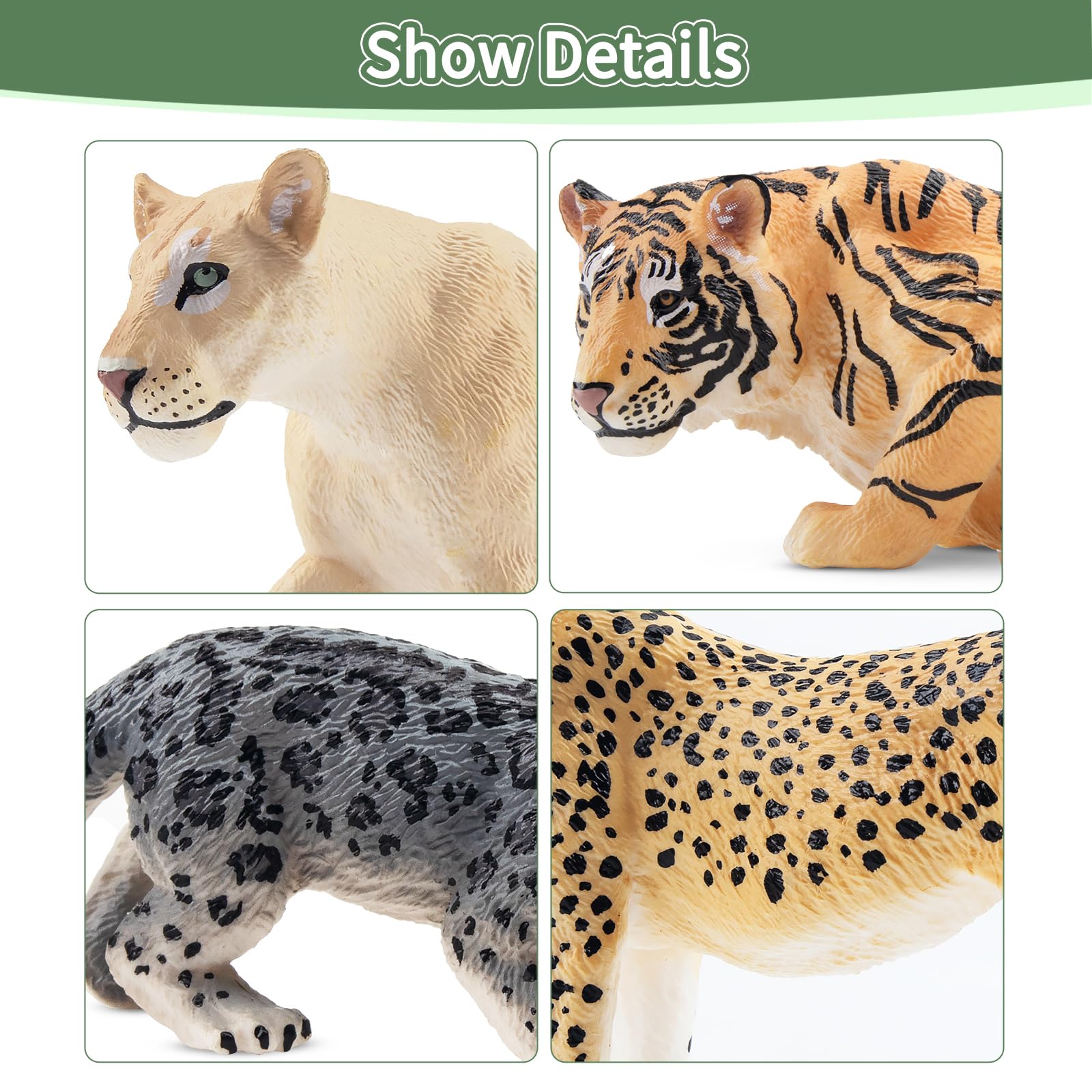 TOYMANY 12 Stück Großkatzen Dschungel Tiere-Figuren und Baumstamm Set,Realistische Löwen Tiger Geparden und Leopardfiguren, Plastiktiere Zoo Dschungel Wald Tierfiguren für Kinder 3