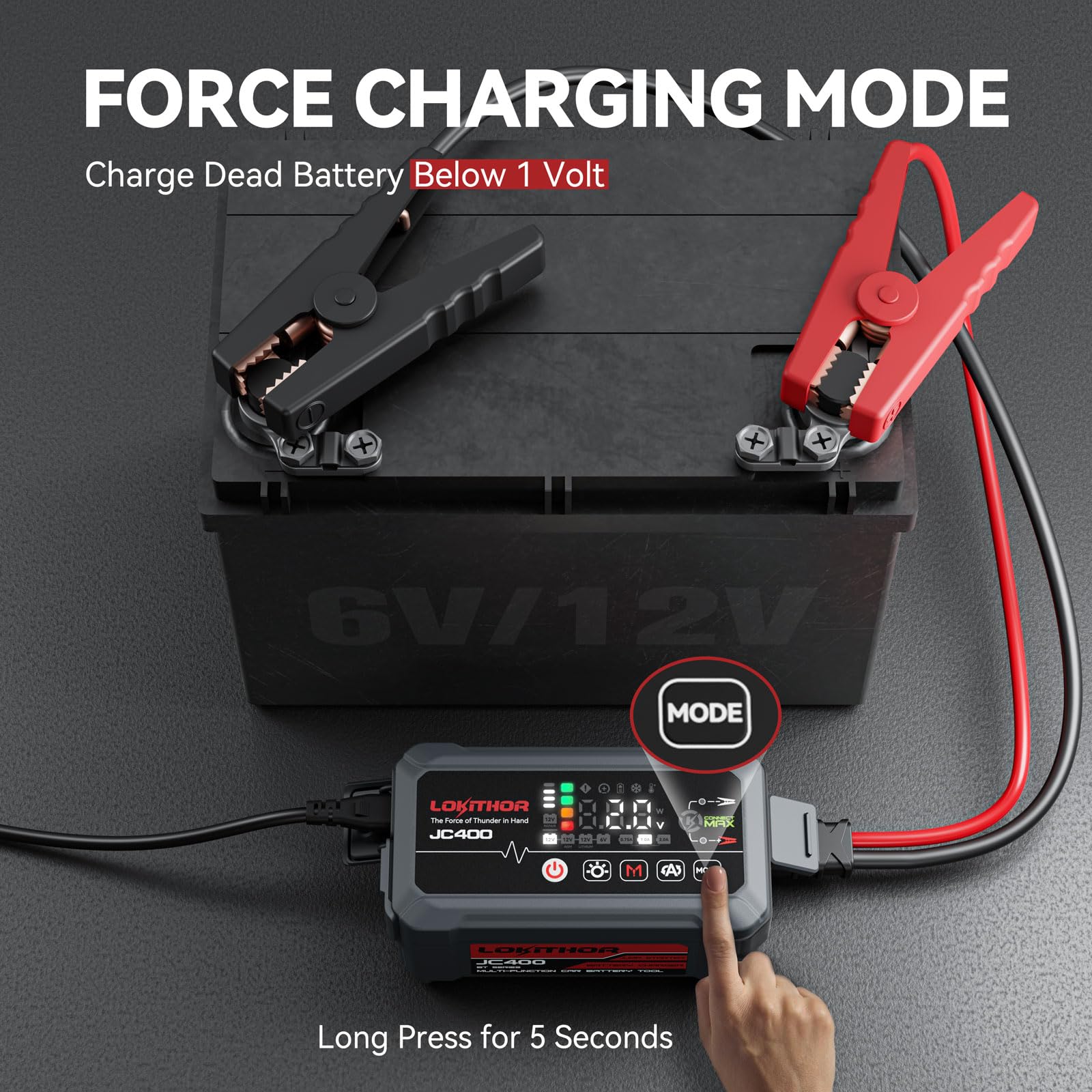 LOKITHOR JC400 9-in-1 Jump Starter and Battery Charger, 2500A 12V Portable Jump Box for Upto 8.5L Gas/6.5L Diesel, 750mA/1A/2A, 6V/12V Automotive Battery Maintainer, Trickle Charger and Desulfator