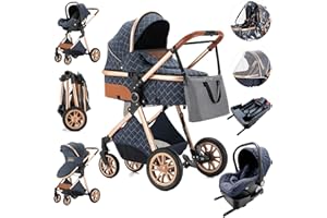 Zkiprm 3 in 1 Stroller, Portable Baby Stroller with Infant Carrier, 3 Mode Newborn Reversible Bassinet, One-Click Folding, Landscape High Aluminum Frame, Baby Carriage Combo (Blue 3 in 1)