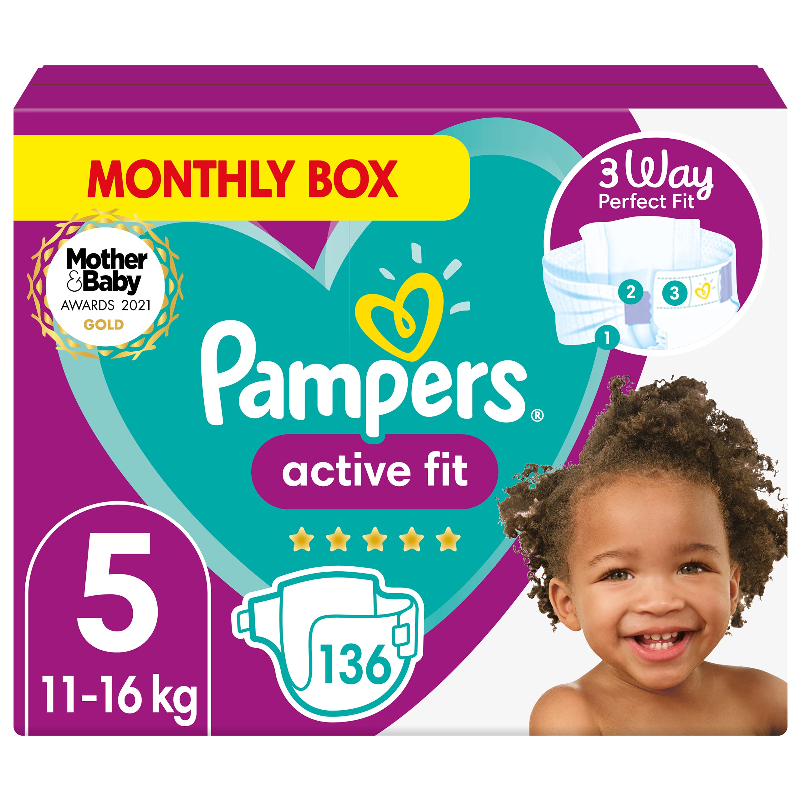 Pampers Baby Nappies Size 5 (11-16 kg/24-35 Lb), Active Fit, 136 Nappies, MONTHLY SAVINGS PACK, Pampers’ Trusted Fit and Comfort For Your Wild Child