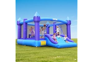 Klo Kick Inflatable Bounce House for Big Kids, 15' x 12' Large Outdoor Bouncy Castle with Blower, Wider Slide & Basketball Hoop, Holds 6 Kids Great for Birthday or Party, 600lbs (Purple)